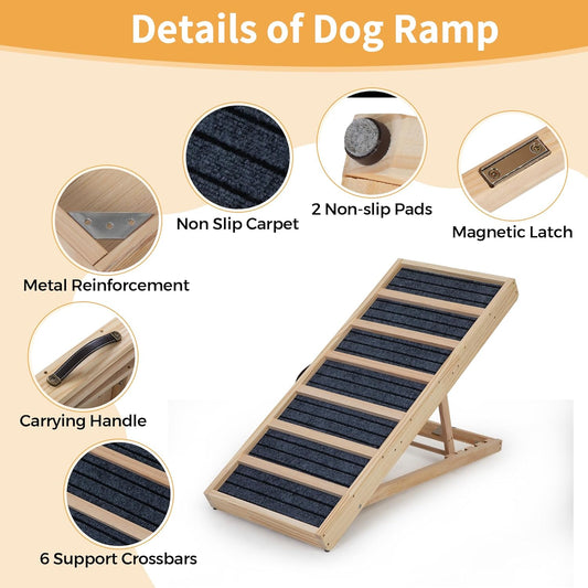 Dog Ramp for Bed,39" Long Adjustable Wooden Pet Ramp for Small Medium Dogs,Non-Slip Surface and High Traction,Metal-Reinforced Folding Ramp for Dogs to get on Bed Couch Car,up to 132lbs
