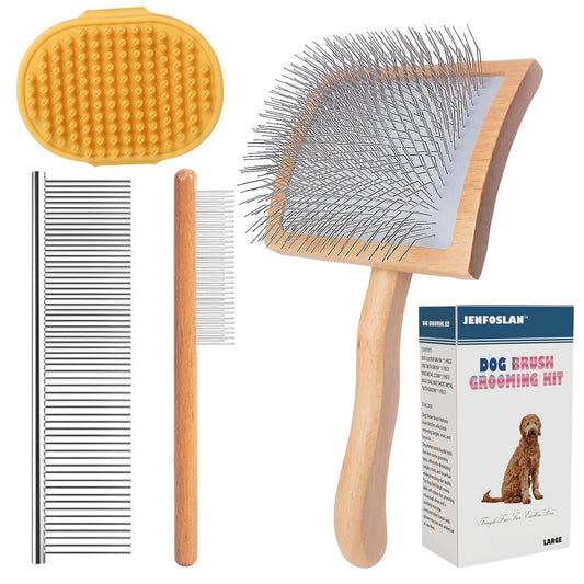 Slicker Brush for Dogs (Goldendoodles, Poodles) - Detangle, Fluff & Style Like a Pro | with Combs and Dog Bath Brush (4PCS, Wooden, Large)