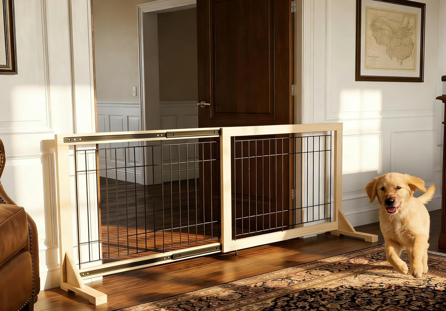 Extra Wide Freestanding Dog Gate, Adjustable Width 31.5"–61", 19.7" Tall Indoor Pet Gate for Kitchen, Living Room & Stairs, Wooden Metal Frame No-Drill Pet Barrier
