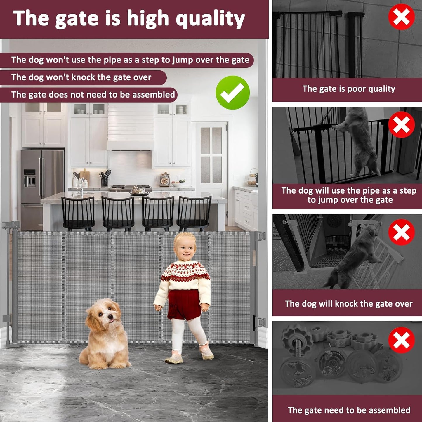 26 Inch Tall Step Over Retractable Dog Gate with Reinforced Bars 55" Wide Small Puppy Gates for The House Short Retractable Baby Gates for Doorway Mesh Dog Gate Indoor Doggie Gate Retractable Pet Gate