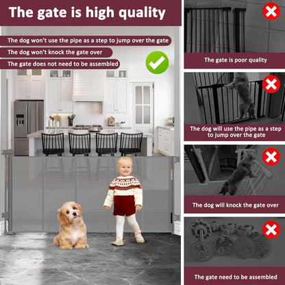 26 Inch Tall Step Over Retractable Dog Gate with Reinforced Bars 55" Wide Small Puppy Gates for The House Short Retractable Baby Gates for Doorway Mesh Dog Gate Indoor Doggie Gate Retractable Pet Gate