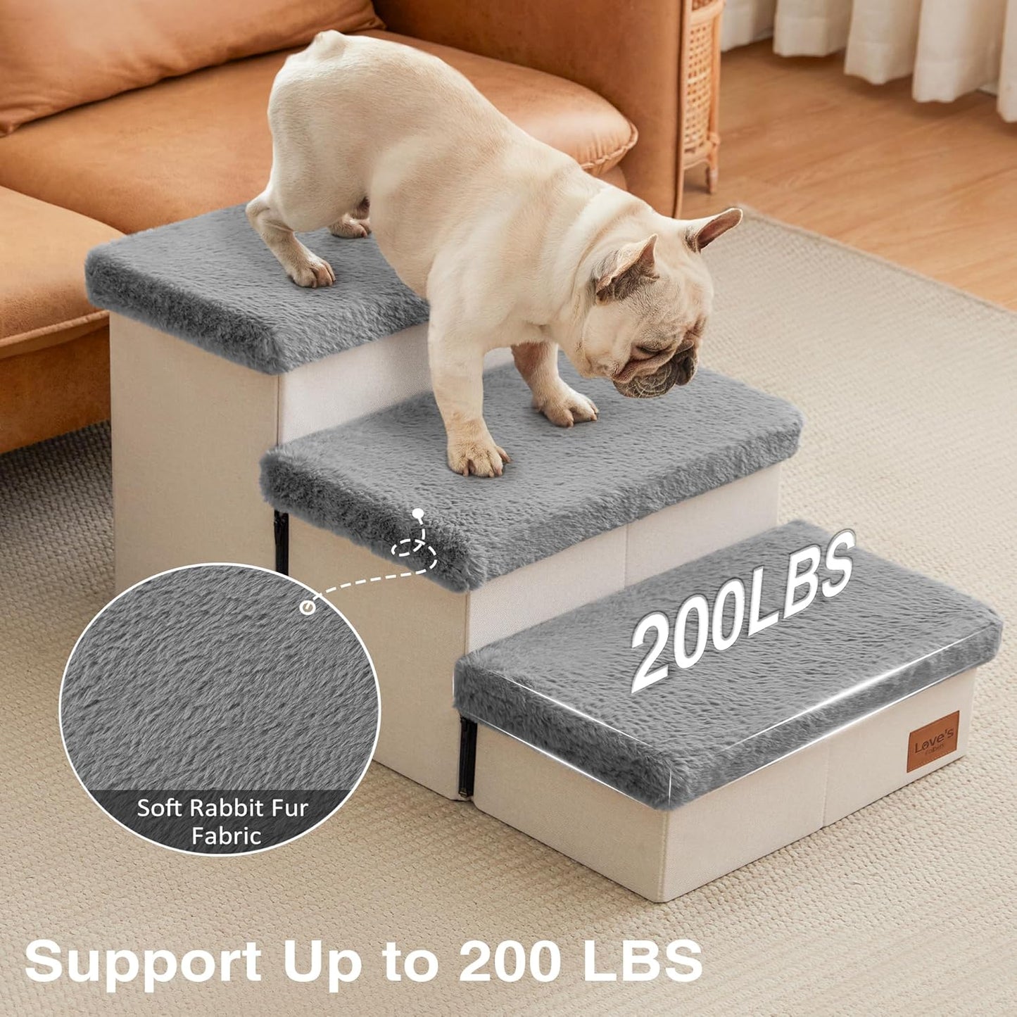 Love's cabin Dog Stairs with Storage 13" H, Foldable Pet Stairs for Small Medium or Large Dogs, Cat Puppy Steps Ramp with Zip up to 150 lbs, Solid Grey, 2 Steps