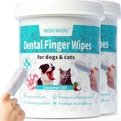 MEDUWEDU Dental Care Finger Wipes 60 Counts,Teeth Cleaning Finger Wipes for Dogs & Cats,Reduces Plaque & Supports Oral Freshness, Coconut Scent