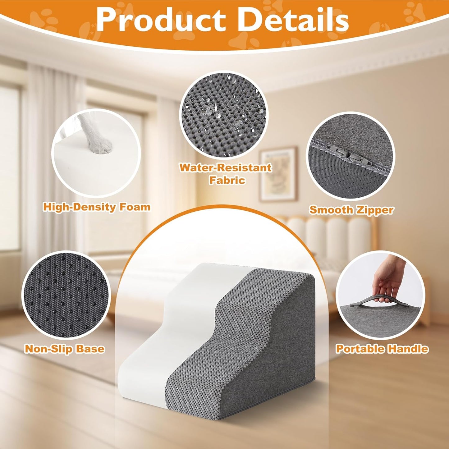 Dog Stairs for Bed 23’’ H, 5-Step Dog Steps for High Bed, Foldable Pet Stairs for Small Dogs and Cats to Get on Beds, Couch, Non-Slip Balanced Pet Steps and Ramp with Waterproof Cover, Grey