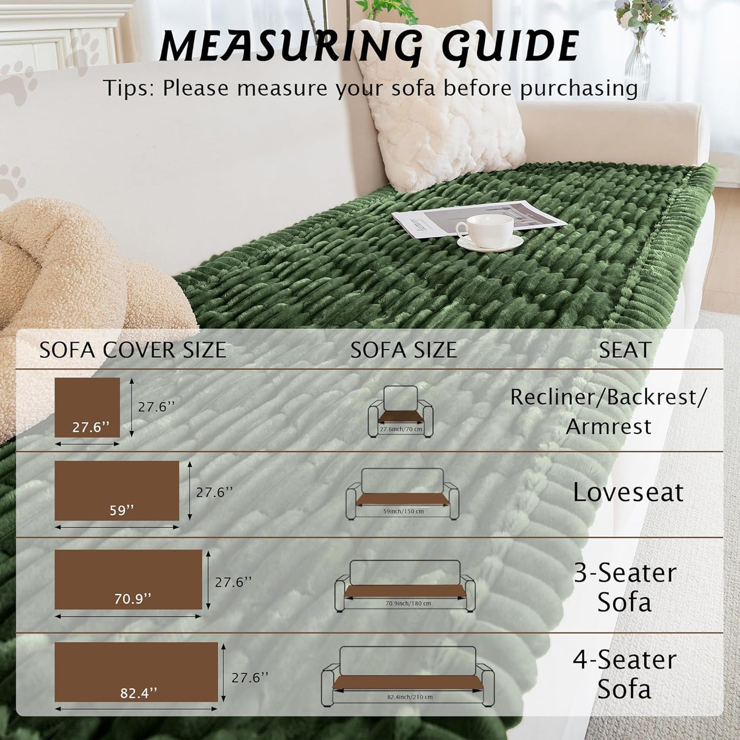 PuTian 100% Waterproof Fuzzy Couch Cover for Dogs Washable Non-Slip Furniture Cover Pet Friendly Dog Mat for Couches and Sofas White 27.6''x59'' 70cmx150cm