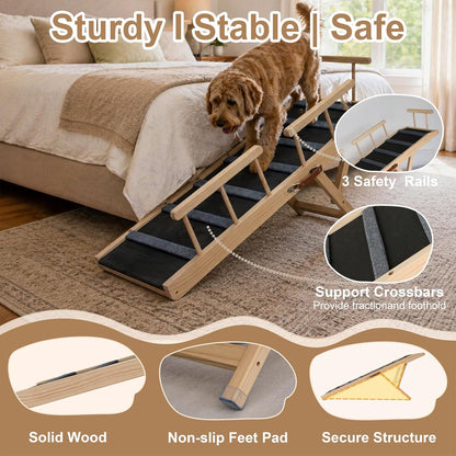 Dog Ramp for Bed, for Couch, 47.24" Long Wooden Pet Ramp for Small & Large Dogs to Get on Bed Couch Car Up to 200LBS, 4 Adjustable Heights (13.7"-24.6"), Foldable Dog Bed Ramp with Anti-Slip Surface