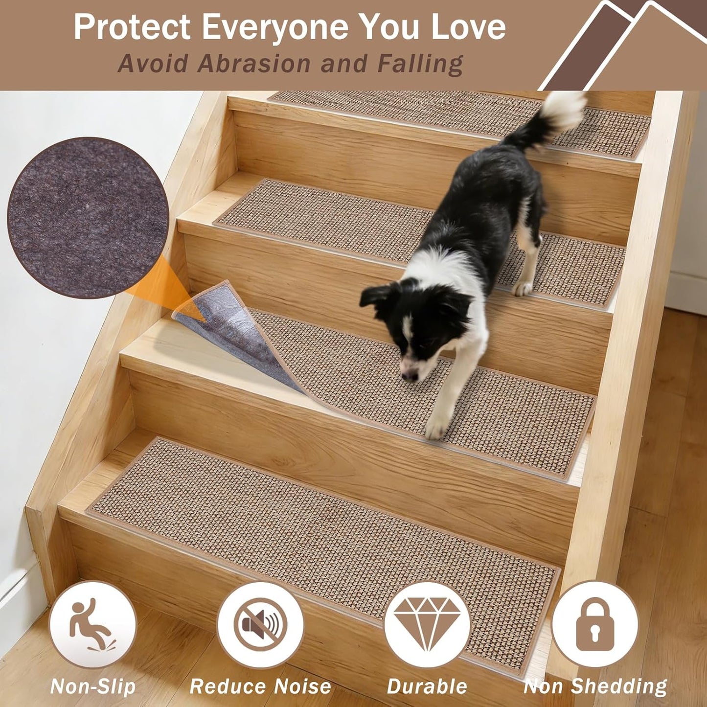 Natural Linen Non Slip Stair Treads, 15 Pack 8" X 30" Carpet Stair Treads with Reusable TPE Adhesive Backing, Non Slip Stair Runner Indoor for Kids Elders and Pets, Machine Washable, Brown Weave