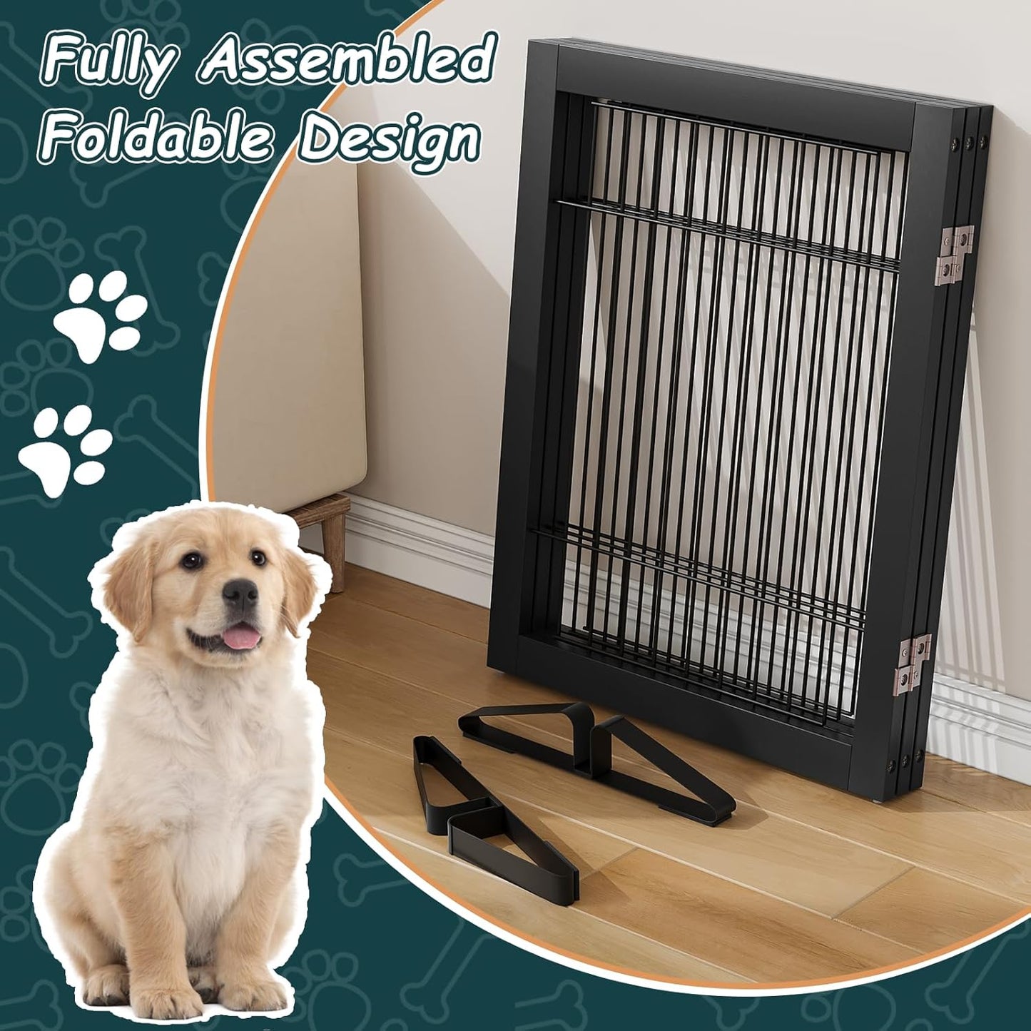Freestanding Dog Gates Indoor, 3-Panel Pet Gates with 2 Metal Stands and 360° Hinge, 24" H Foldable Dog Gate for Stairs, Doorway, Kitchen, Expands Up to 55" Fully Assembled - Black Walnut