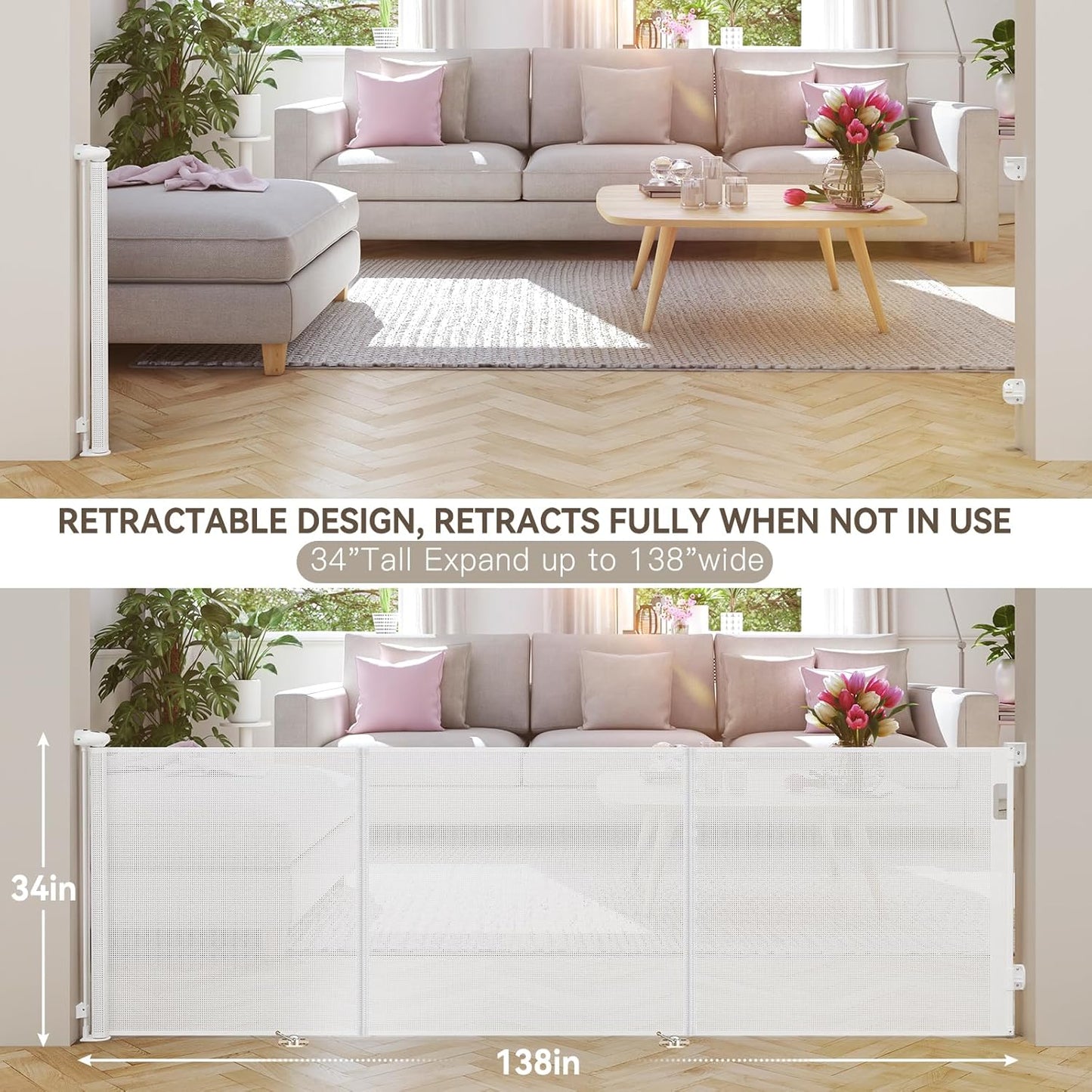 Uamector 138-Inch Extra Wide Retractable Baby Gate & Dog Gate, Reinforced Mesh Safety Gate Adjustable for Large Openings - Stairs, Doorways, Hallways - Indoor/Outdoor Use