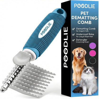 Poodle Dematting Fur Rake Comb Brush for Dogs and Cats - Long 2.5" Steel Safety Blades Metal Comb for Detangling Matted or Knotted Undercoat Hair (Orange)