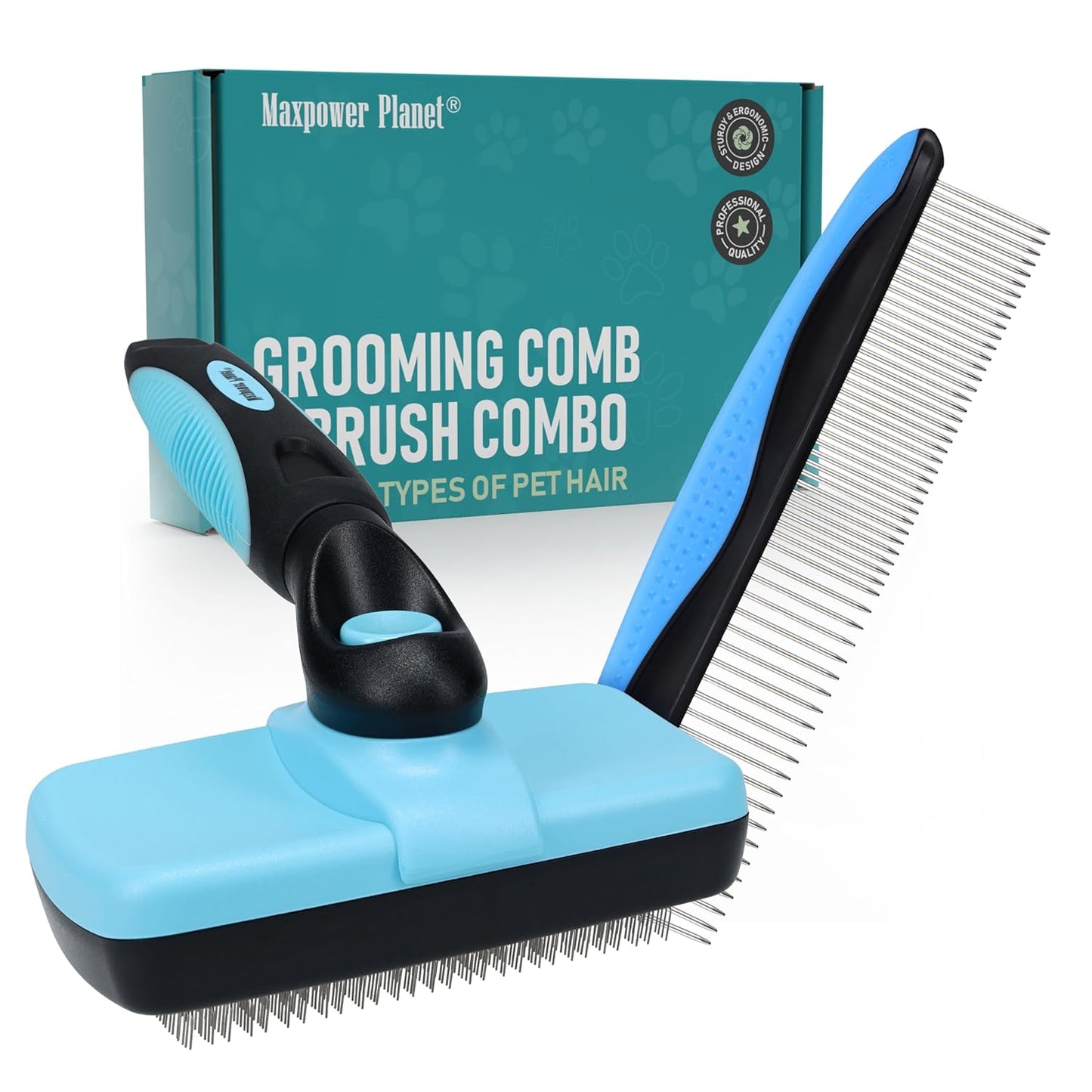 Maxpower Planet Dog Rake and Dog Hair Brush - Gently Removes Loose Undercoat, Mats and Tangled - Deshedding Grooming Tool for Dogs & Cats - Self Cleaning Slicker Brush - All Hair Types