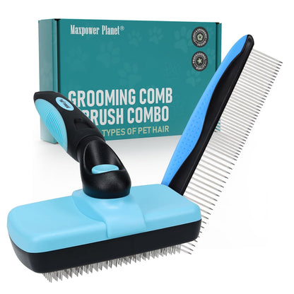 Maxpower Planet Dog Rake and Dog Hair Brush - Gently Removes Loose Undercoat, Mats and Tangled - Deshedding Grooming Tool for Dogs & Cats - Self Cleaning Slicker Brush - All Hair Types