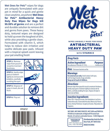Wet Ones for Pets Antibacterial Heavy Duty Dog Paw Wipes with Tropical Splash Scent - Kills 99.99% of Germs, Thick Durable Disposable Paw Wipes for Dogs, 50 Count