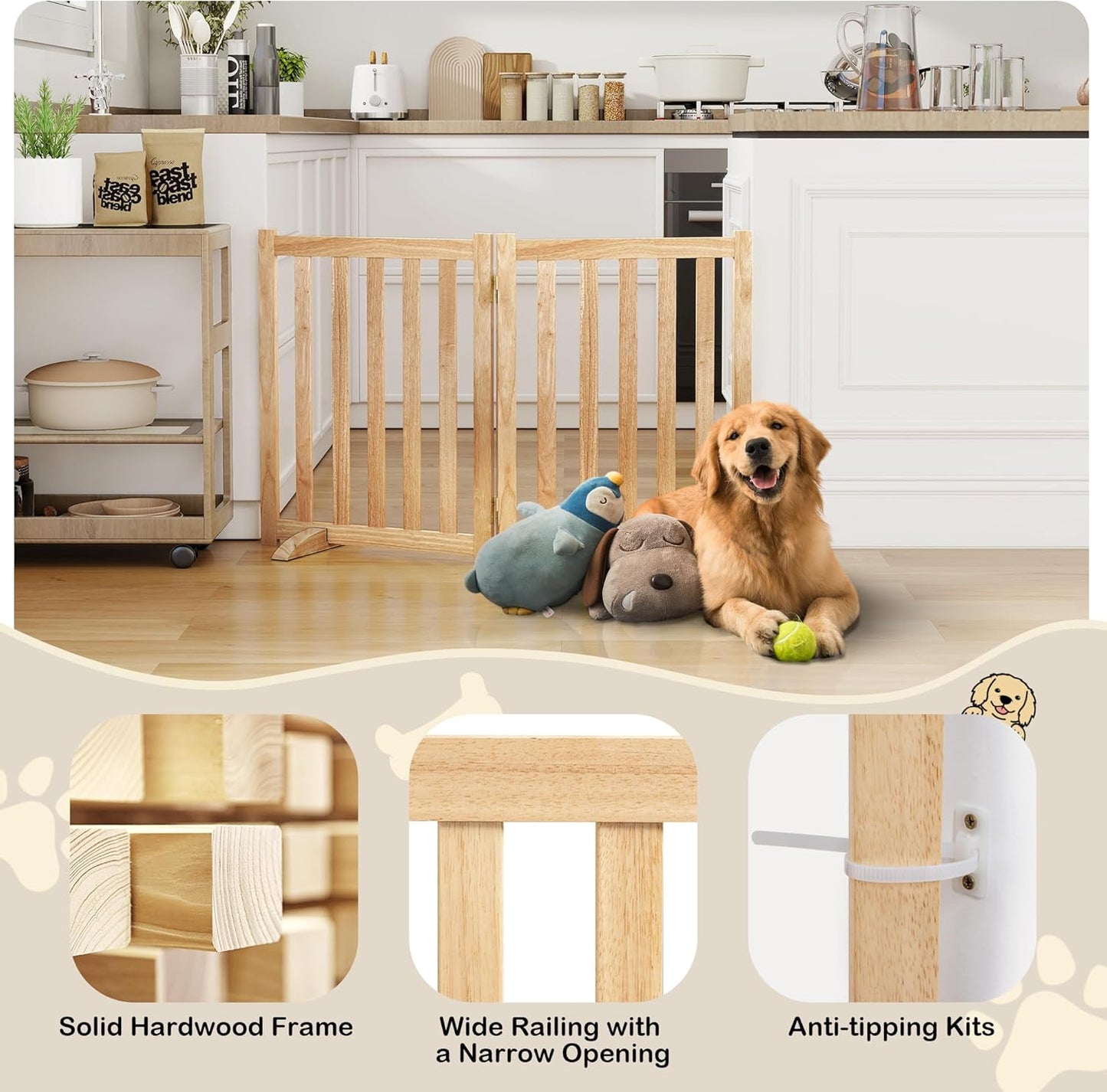 36" Height Extra Tall Freestanding Pet Gate, Solid Wood Folding Safety Fence Wooden Dog Gate with 2 PCs Support Feet Ideal for Stairs, Doorways, Halls, Kitchens, Heavy Duty Gates, 3 Panels, Oak
