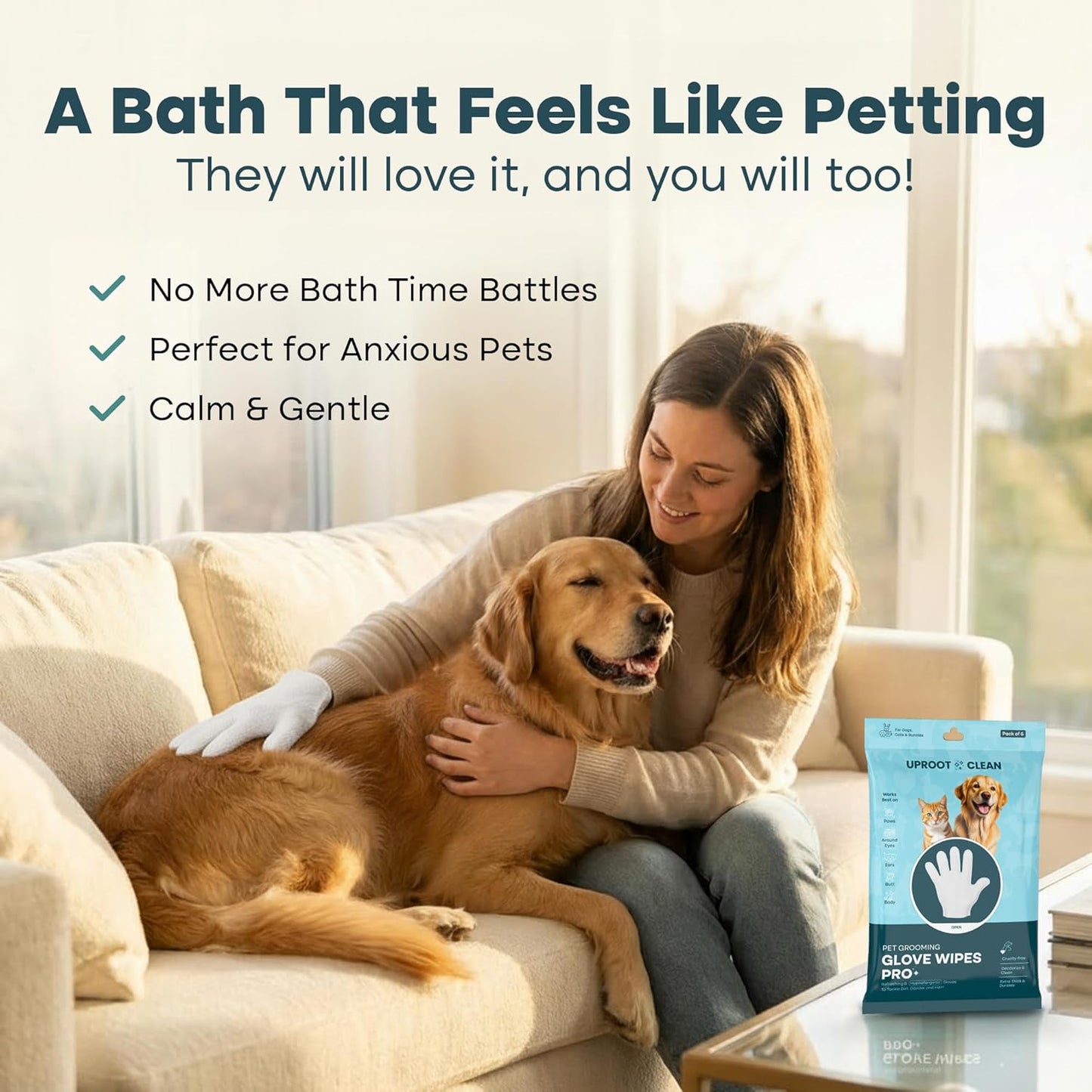 Uproot QuickClean Gloves Pro: Extra-Thick Pet Glove Wipes for Dogs & Cats - Easy Wipe Paws, Eyes, Ears, Butt, & Body - Lick-Safe for Cats & Dogs - Cleaning, Deodorizing & Grooming (20 Pack)