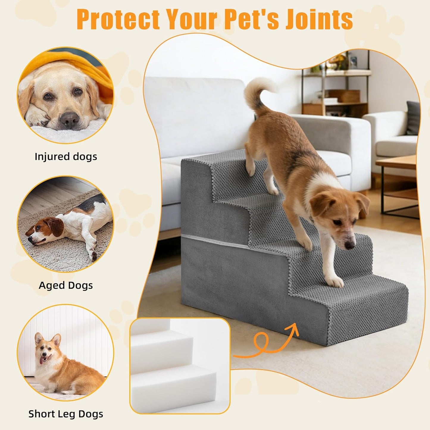 NEWBULIG 3-Step Dog Stairs, 15.7" H Dog Steps for Sofa and Chair, Non-Slip Sturdy Pet Steps for Small Dogs and Cats, Pet Ramp for High Bed Indoor(Grey)