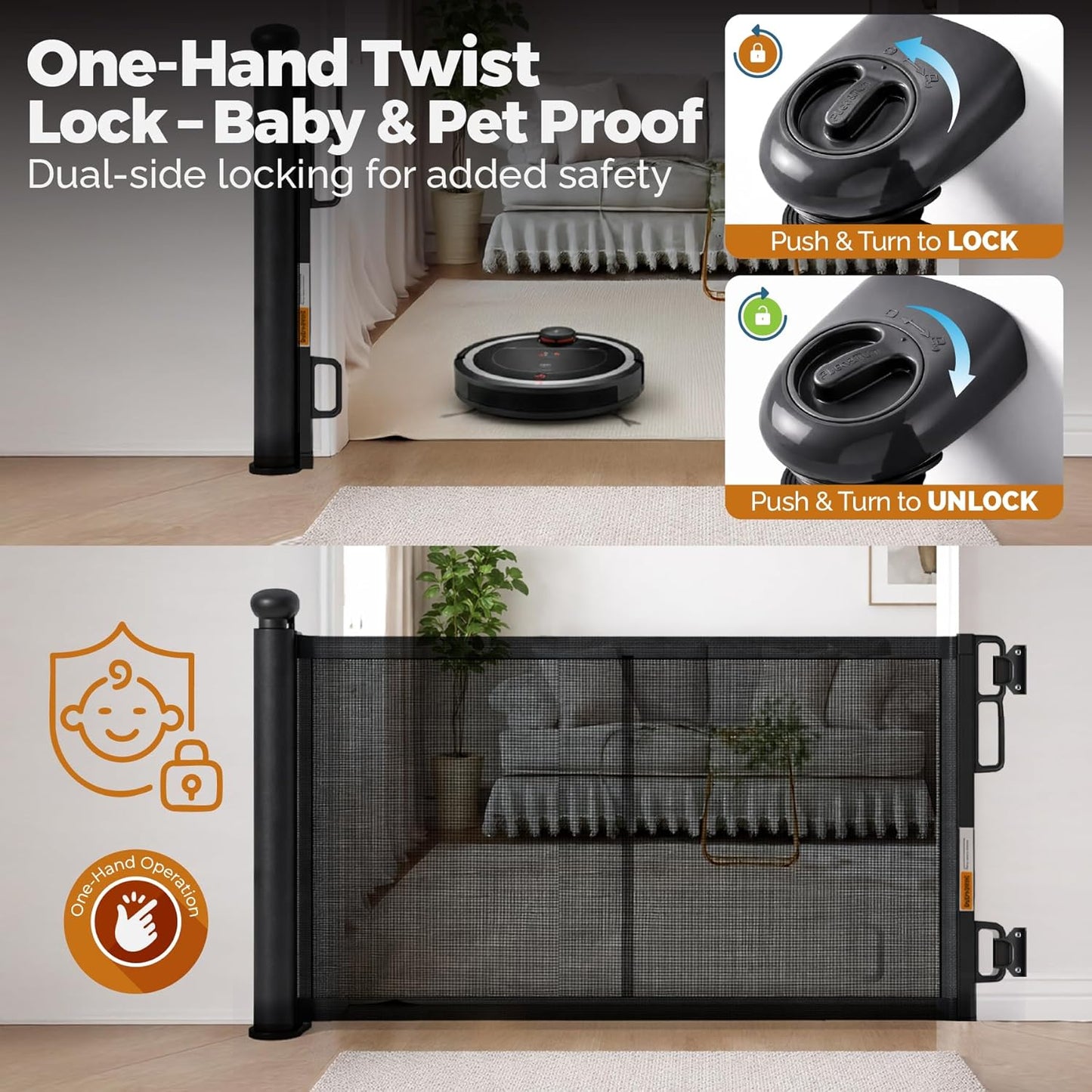 Retractable Baby Gate - 118" Extra Wide Mesh Dog Gate with Support Rods - 34" Tall for Stairs, Doorways, Hallways - Drill or No-Drill - Pet & Cat Gate - Outdoor/Indoor (Black, 9.84 ft)