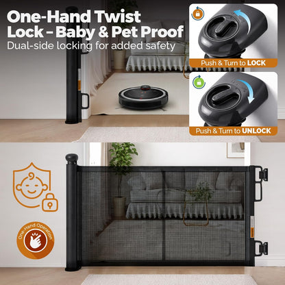 Retractable Baby Gate - 118" Extra Wide Mesh Dog Gate with Support Rods - 34" Tall for Stairs, Doorways, Hallways - Drill or No-Drill - Pet & Cat Gate - Outdoor/Indoor (Black, 9.84 ft)