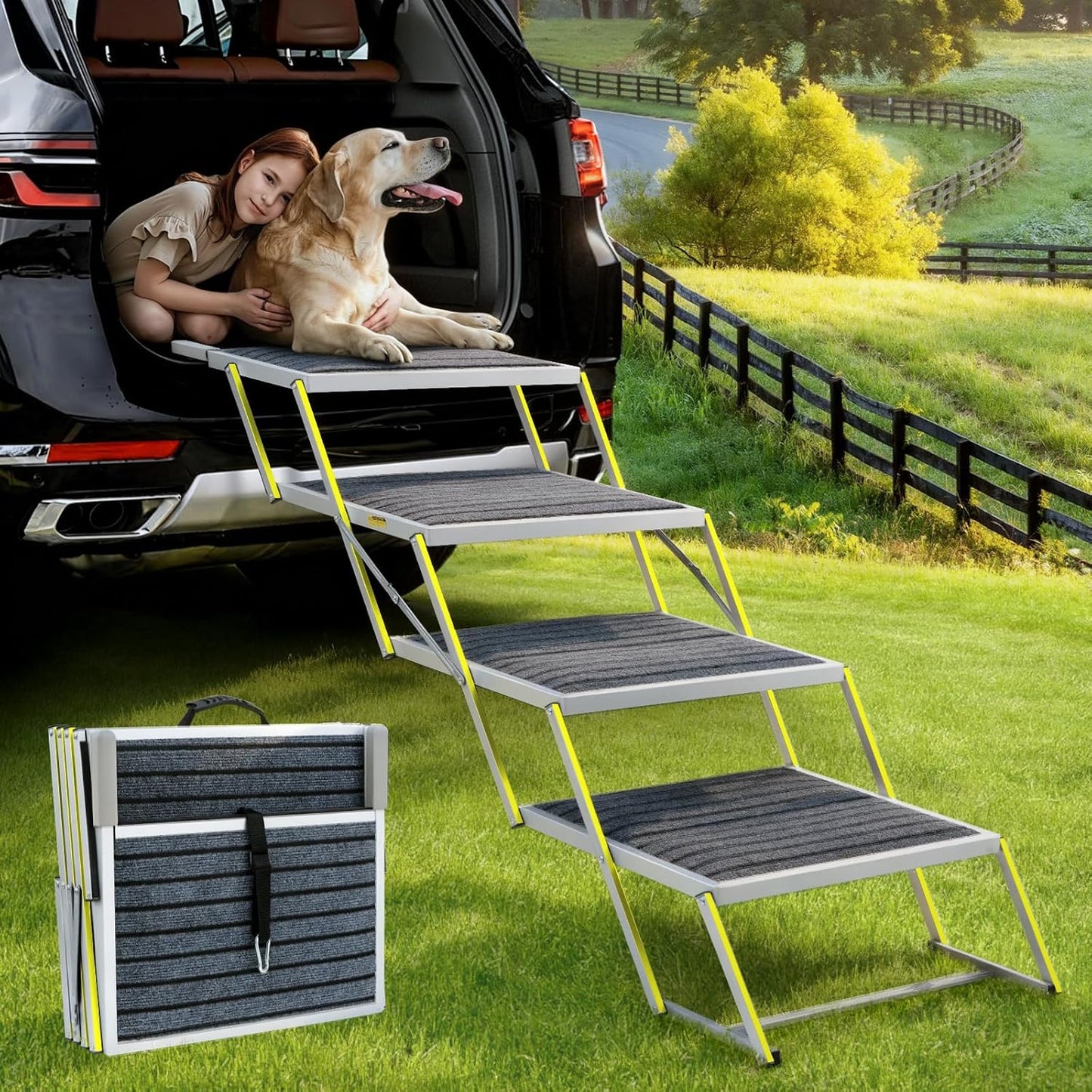 Dog Stairs for Large Dogs - 20" Extra Wide 4-Step Foldable Dog Ramp for Car/SUV/Truck & High Beds - Supports Large Dogs up to 200Lbs
