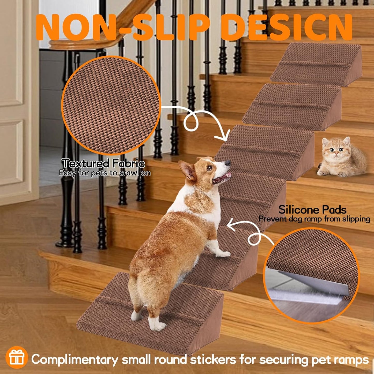 Dog Ramp for Stairs for Small & Senior Dogs and Cats, Non-Slip Foam Indoor Pet Ramp with Self-Sticky Pads, Dog Ramp for Stairs Inside House(Dark Gray, 6 Pack)