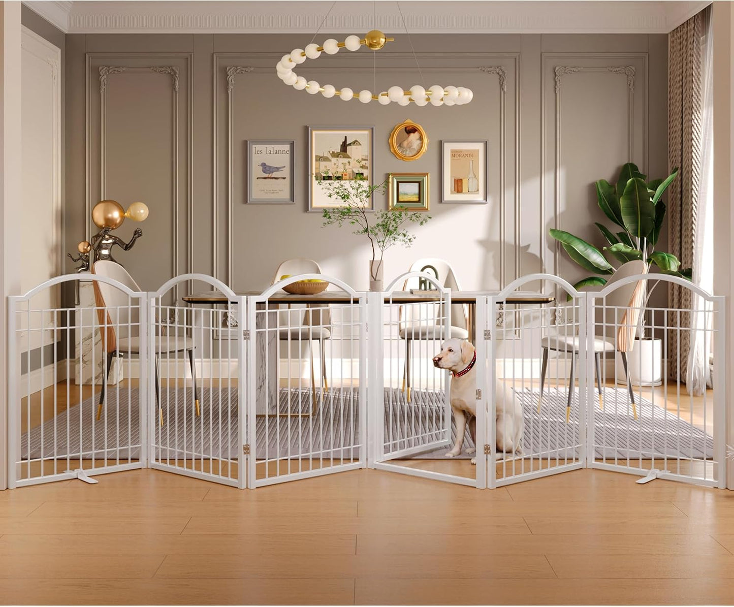 BHG Metal No-Assembly Freestanding Dog Gate with Door Walk Through, Extra Wide 144", Extra Tall 32" Pet Gate, Accordion Puppy Folding Playpen Dog Fence, with 2PCS Support (Black, 6 panesl)