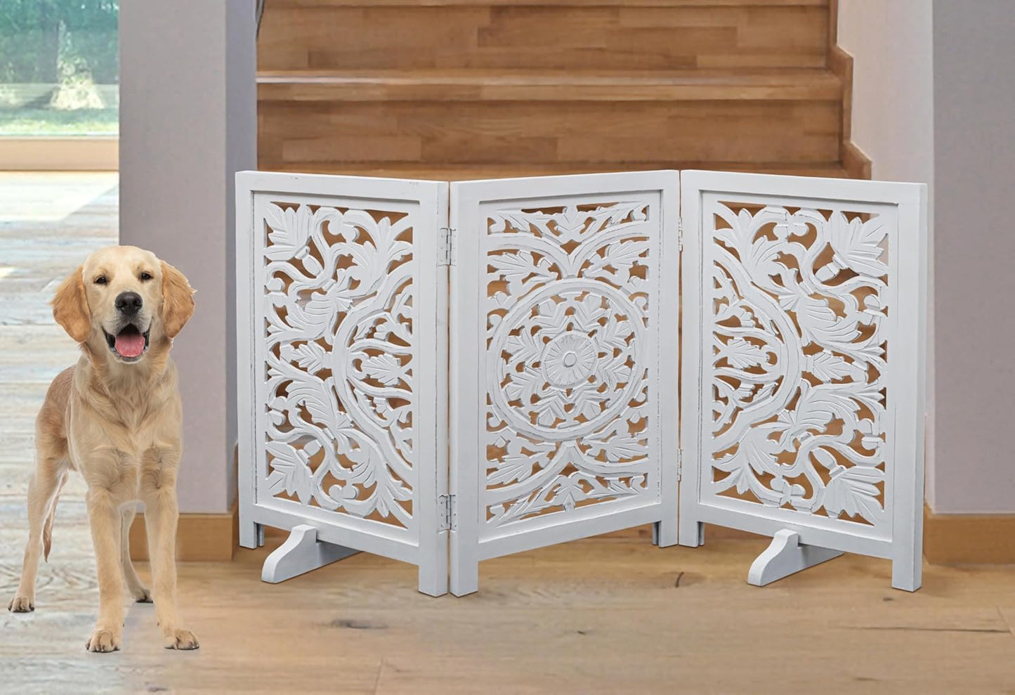 Freestanding Pet Gate for Dogs, Foldable Wooden Dog Gate for House, Indoor Dog Gate for Stair, Doorway, House Design Gates for Dogs Indoor, 72 Inch Wide, (18" x4 Panels 72 inch), Burnt Finish