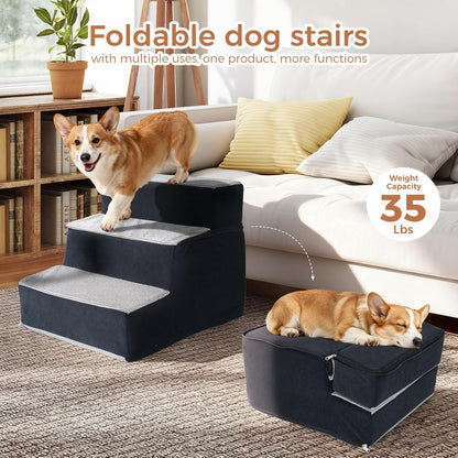 Dog Stairs for Small Dogs and Cats 14" H 3-Step Dog Steps for High Bed Couch and Sofa High-Density Foam Pet Stairs with Supporting Board Pet Steps with Non-Slip Bottom Washable Cover