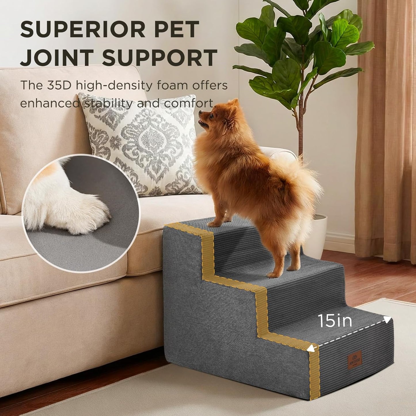 Joydeco Dog Stairs for Bed 15" H, 3-Step Pet Steps for Small Dogs and Cats, Dog Steps for High Bed, Non-Slip Balanced Ramp Indoor Pet Stairs, Beige