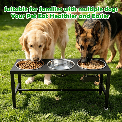 SHAINFUN Metal Elevated Dog Bowls Stand for Large Dogs with Mat & Three 58oz Food Water Bowls, Adjustable Height Raised Dog Bowl Stand