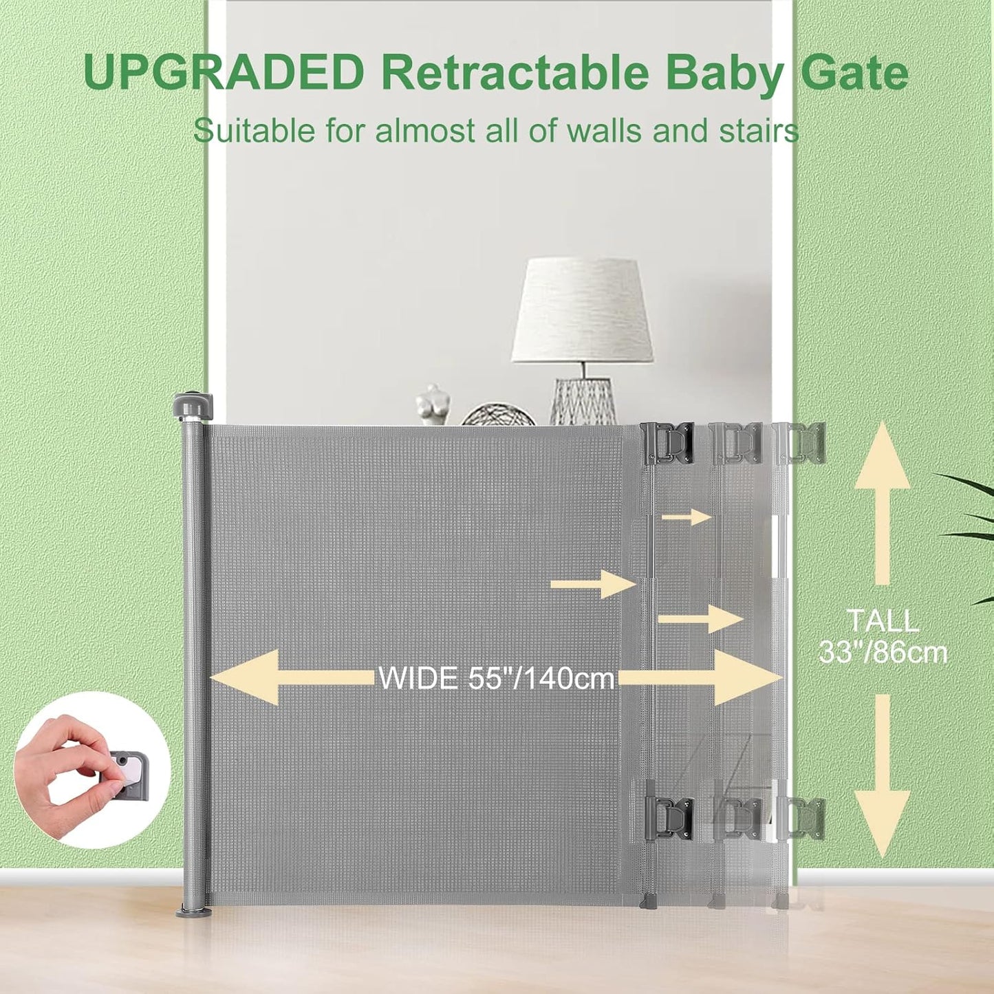 Upgraded Retractable Baby Gate, Extra Wide Safety Kids or Pets Gate, 33” Tall, Extends to 71” Wide, Mesh Safety Dog Gate for Stairs, Indoor, Outdoor, Doorways, Hallways(33”x71”, Black)
