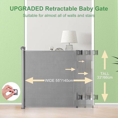 Upgraded Retractable Baby Gate, Extra Wide Safety Kids or Pets Gate, 33” Tall, Extends to 71” Wide, Mesh Safety Dog Gate for Stairs, Indoor, Outdoor, Doorways, Hallways(33”x71”, Black)
