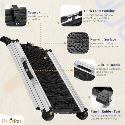 Dog Ramp for Car - Anti-Slip Dog Car Ramp for Large Dogs SUV - Stable 250LBS Capacity - Telescoping Pet Ramp for Car - Portable - Night Safety Reflective Sides - Fixing Clip - Black