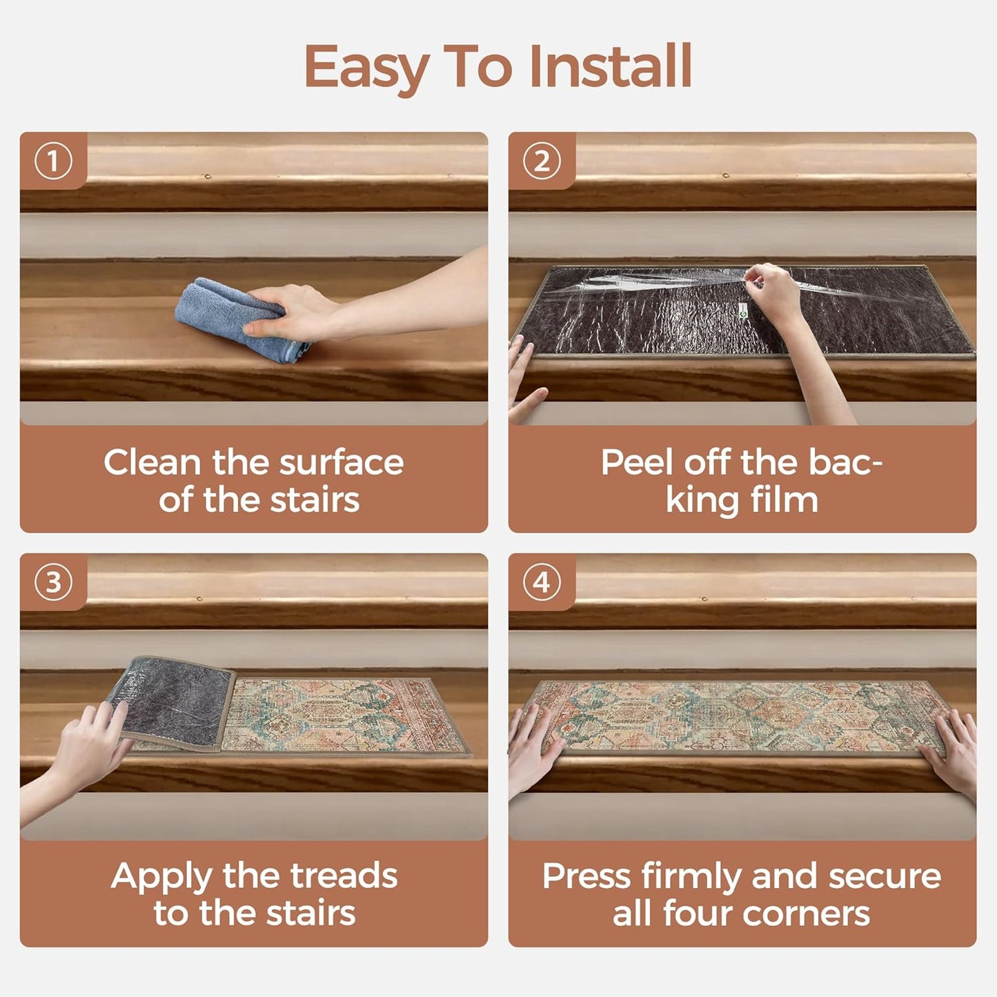 sarben Non Slip Stair Treads for Wooden Steps 15PCS - 8"x30" Indoor Safety Carpet, Edging Mats with TPE Adhesive Backing, Pet and Elderly Friendly Stair Rugs (Taupe) - Colors B