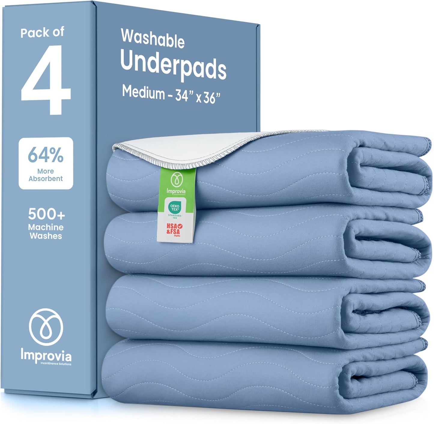 IMPROVIA® Washable Underpads, 34" x 36" (Pack of 4) - Heavy Absorbency Reusable Bedwetting Incontinence Pads for Kids, Adults, Elderly, and Pets - Waterproof Protective Pad for Bed, Couch, Sofa, Floor