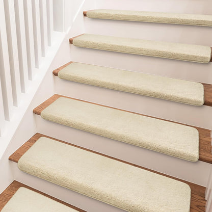PURE ERA Carpet Stair Treads Ultra Plush 9.5" X 30"Soft Bullnose Indoor Stair Protectors Pet-Friendly Non-Slip Skid Resistant Tape Free Washable Reusable(14 Pieces, Cream Gray)