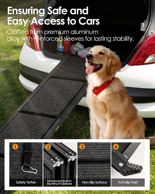 Folding Dog Ramp for Car SUV Truck, 17.3" x 71" Portable Pet Ramp for Large Dogs, Lightweight Non-Slip Dog Car Ramp, Sturdy Dog Ramp for Cars and High Beds, Easy to Carry and Store