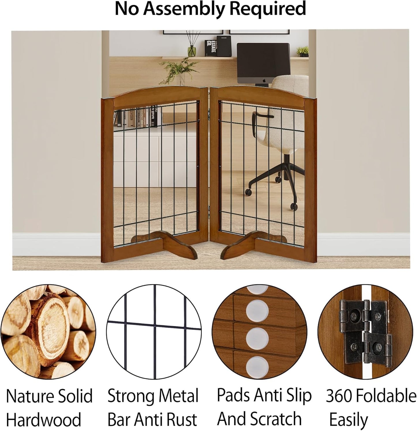 LZRS 2-Panel Freestanding Foldable Wood Dog Gate – Solid Wood & Steel Wire, Chew-Resistant Pet Barrier for Indoor Use, Ideal for Small to Medium Dogs, White