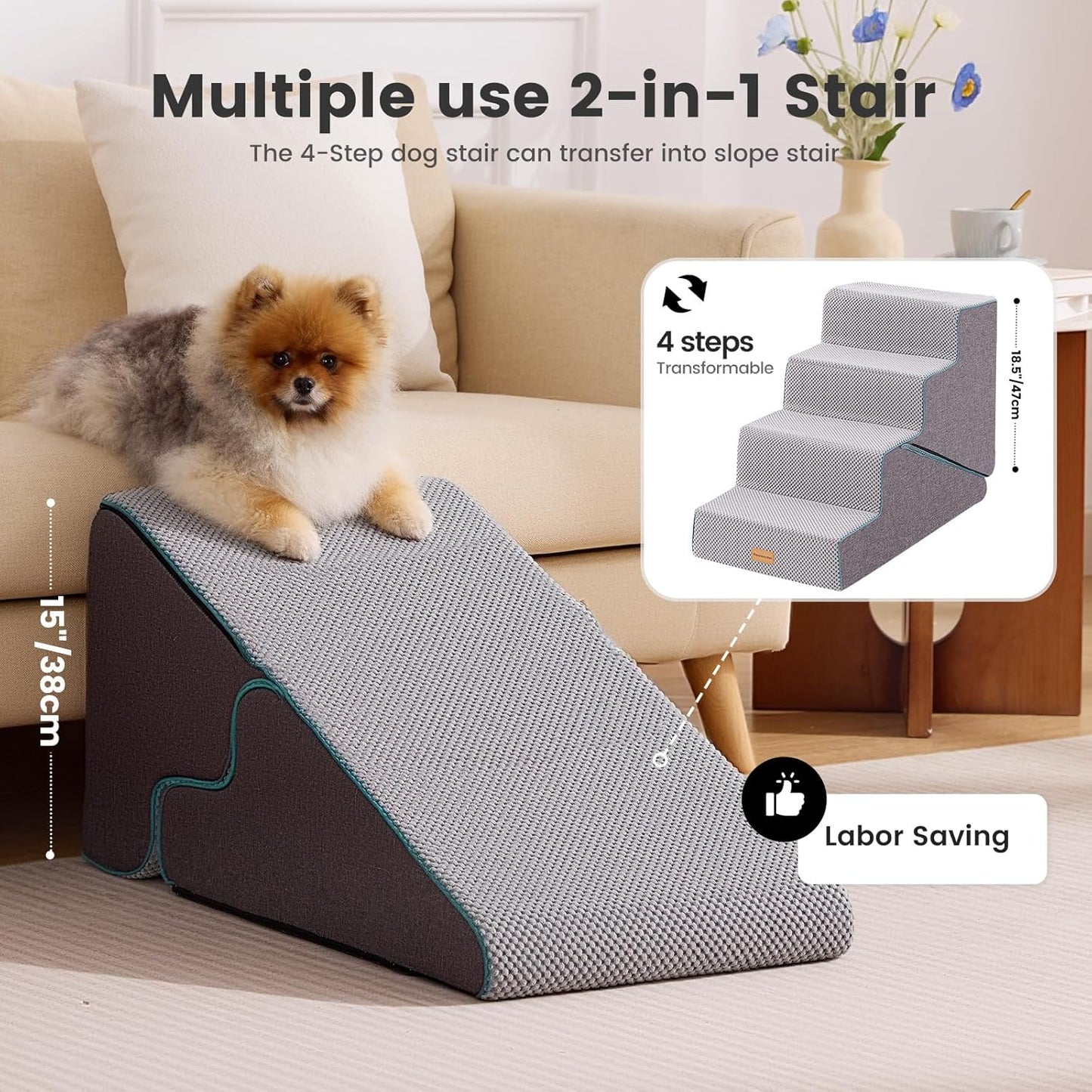 Gardner Pet Dog Stairs for Small Dogs 18.5" H, 4-Step Extra Wide Dog Steps for Bed, Pet Stairs for Bed and Couch with Durable Non-Slip Waterproof Fabric Cover and Soft Foam, Navy