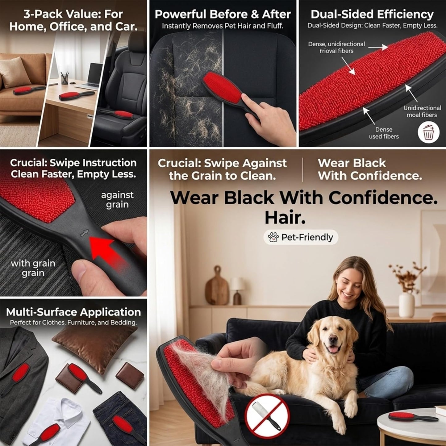 Lint Brush for Clothes 3 Pack, Reusable Pet Hair Remover for Laundry and Furniture, Double-Sided Lint Roller Alternative, Magic Cat Brush and Dog Hair Tool for Couch, Carpet and Car Seats