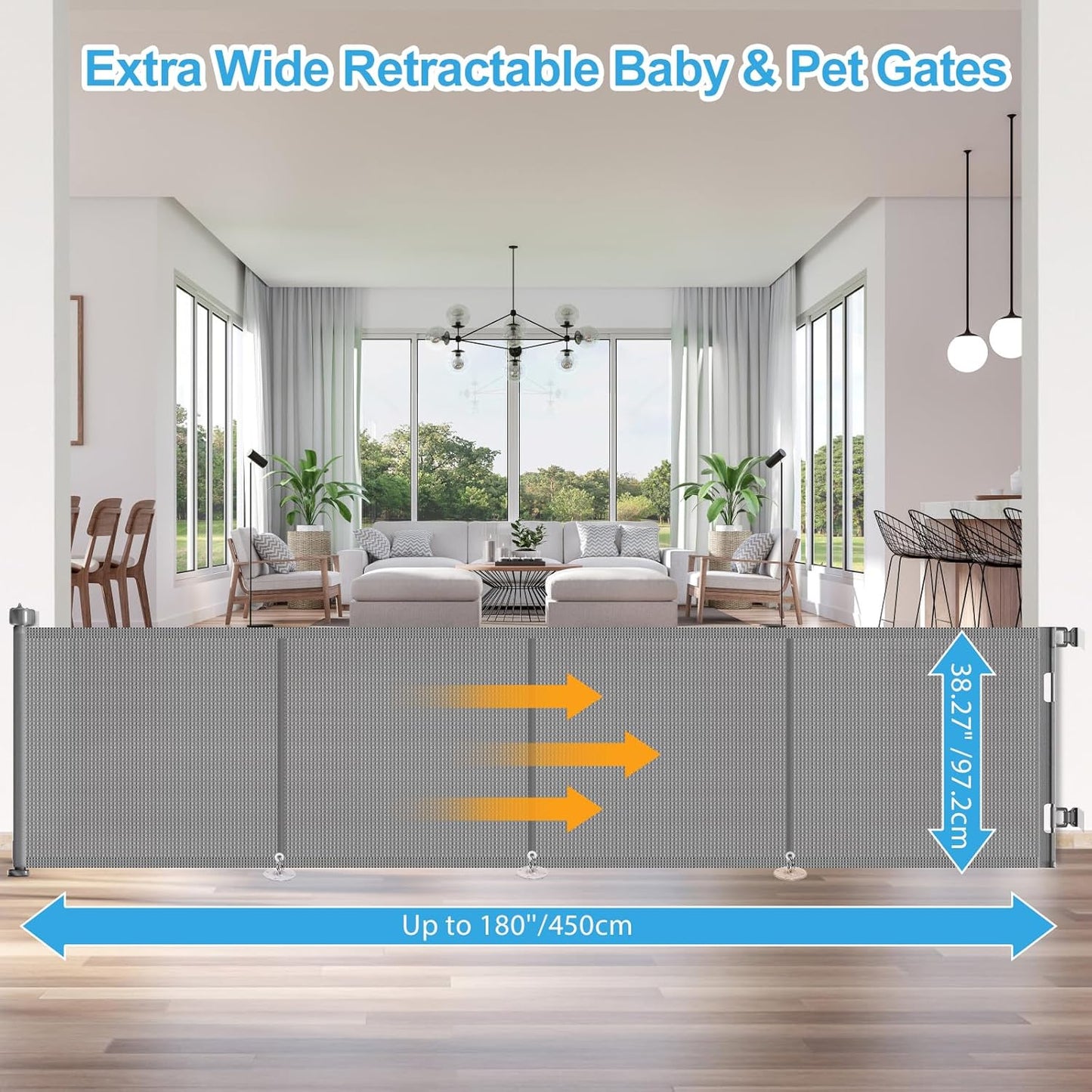 Upgrade 120 inch Retractable Baby Gates, EZIGO Extra Wide Baby Gate for Large Opening Extra Long Mesh Gate for Kids or Pet Dog Gate Child Safety Gate for Stairs Hallways Doorway Indoor Outdoor, Gray