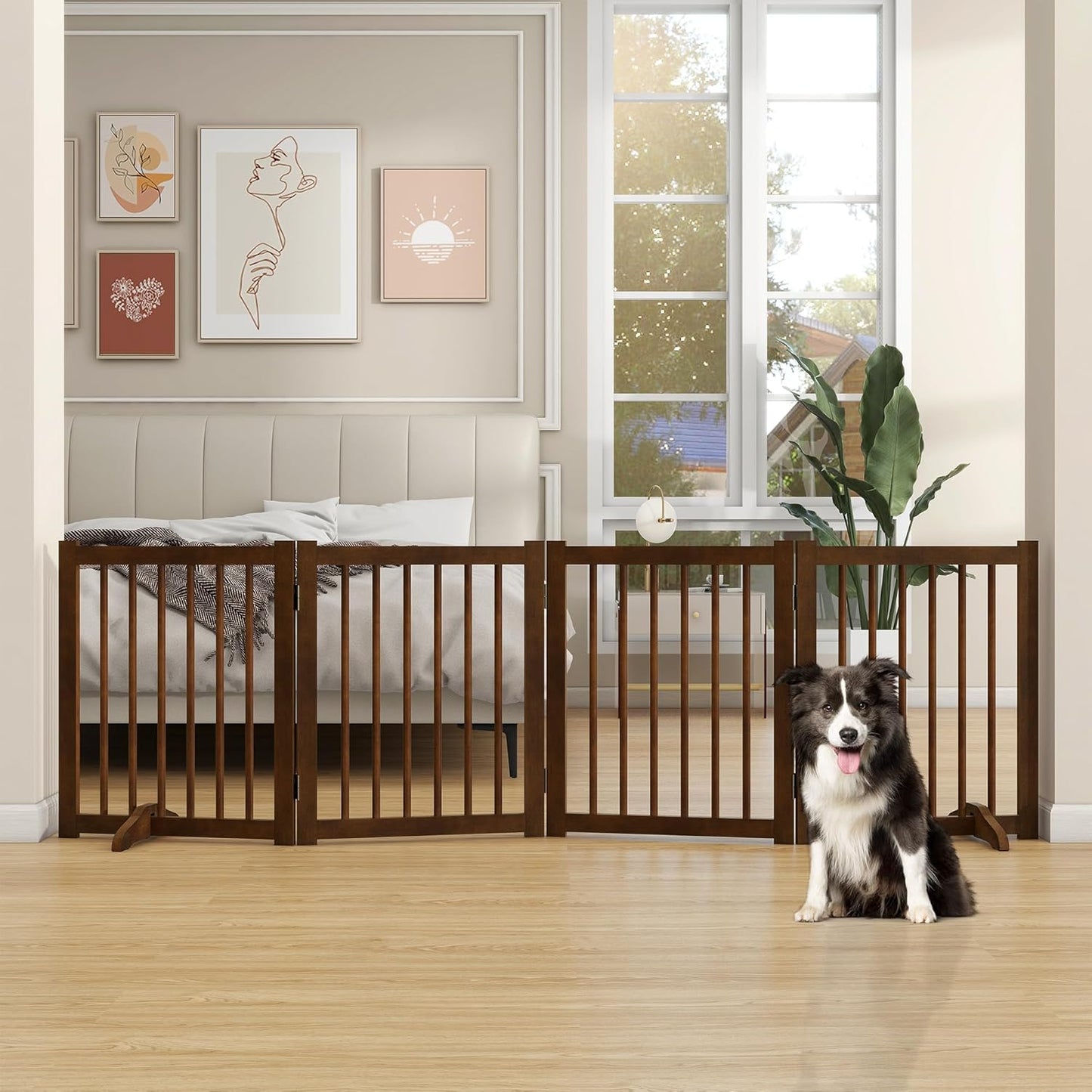 36" H Freestanding Dog Gate, Solid Wood Foldable Pet Gate with Support Feet, Wooden Tall Dog Gate for Doorway, Stairs & Indoor Use, 60" Wide Expandable Pet Fence, 3 Panels, Walnut