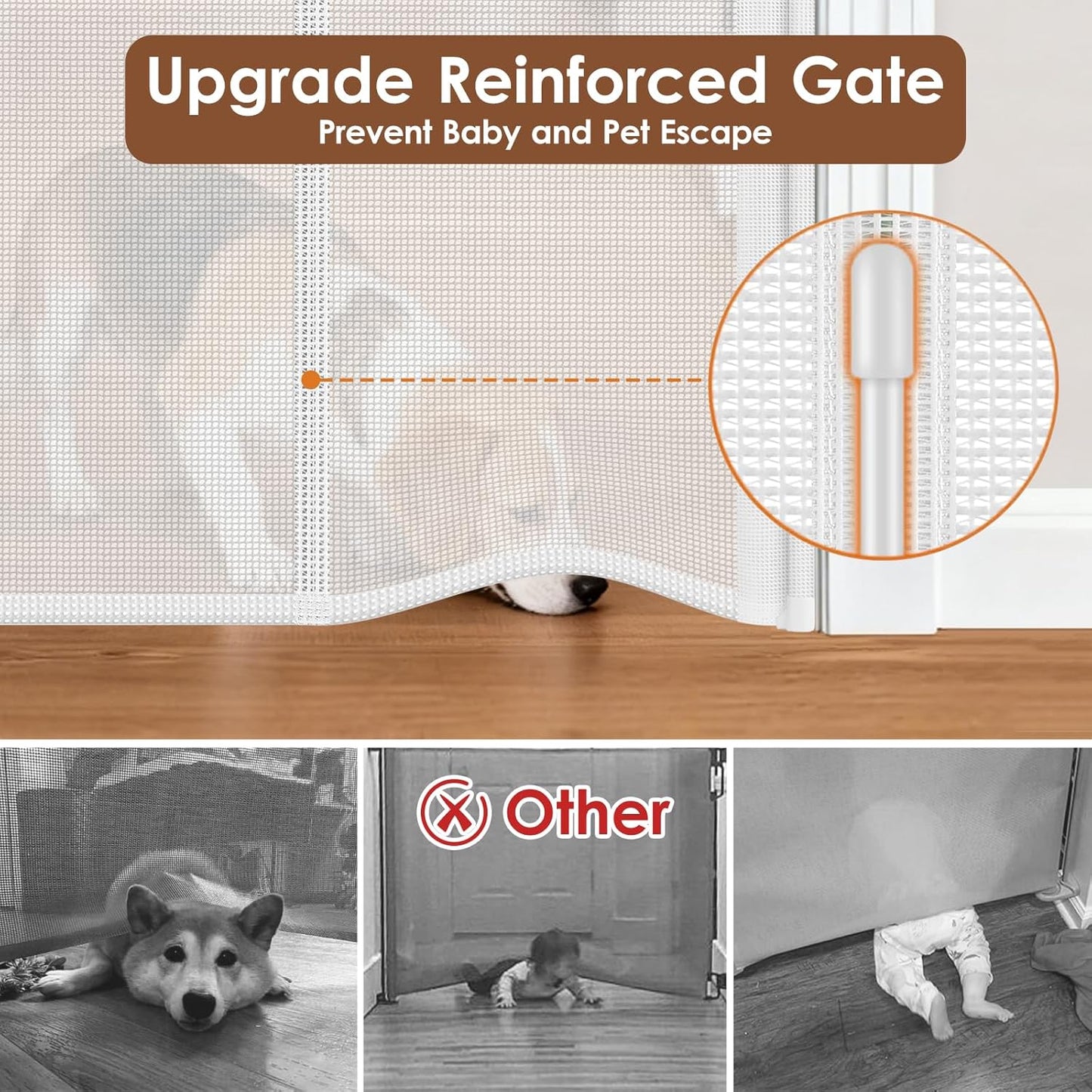 Reinforced 48" Extra Tall Pet Gate with Support Rods, 4 Ft Tall Retractable Baby Gates for Doorways 55" Wide Mesh Dog Gate Indoor Outdoor - Prevent Baby/Pet from Jumping Over, Black