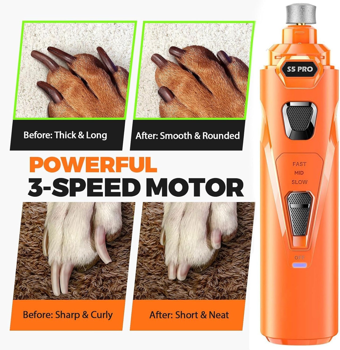 Whisper Quiet Dog Nail Grinder with 4 LED Lights, Safe & Stress-Free for Sensitive Dogs Cats of All Breeds & Sizes, 3 Grinding Bits, 3-Speed, Pet Nail Trimmers, Rechargeable Painless Grooming Kit