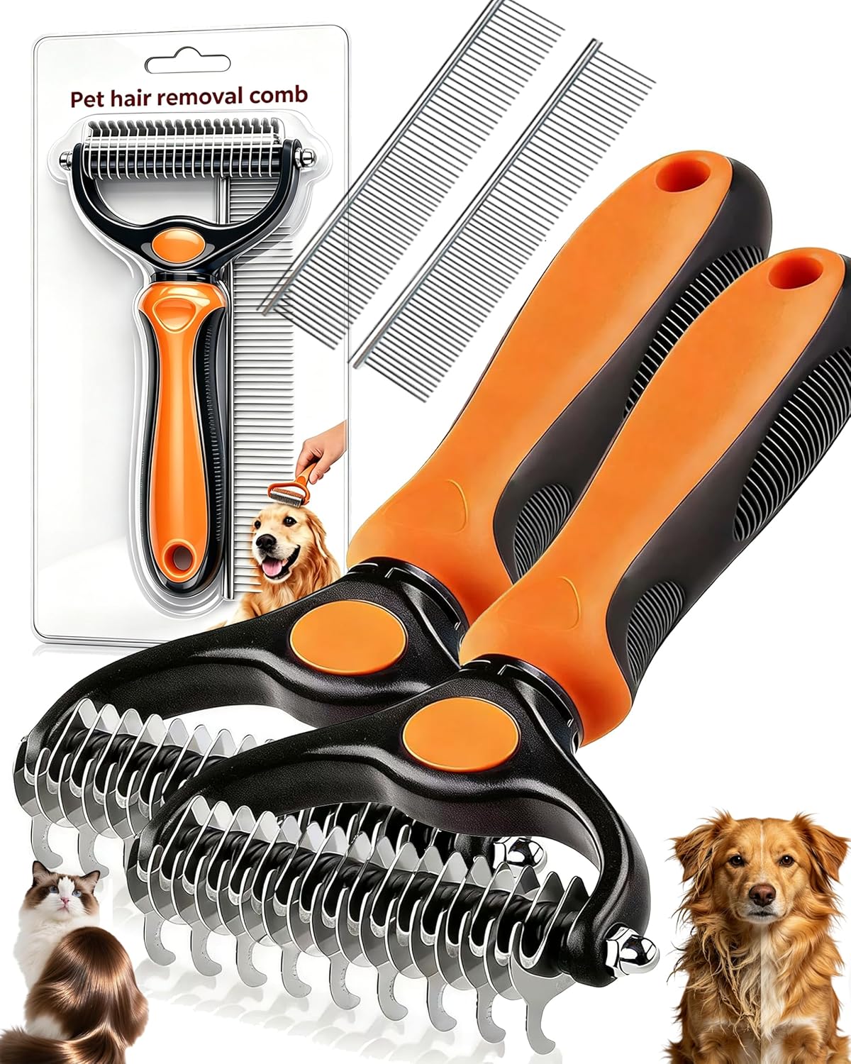 Dual-Sided Pet Grooming Comb for Dogs & Cats – 2-in-1 Dematting Brush & Undercoat Rake for Long, Thick, Curly & Double-Coated Pets (2pcs-Pink)