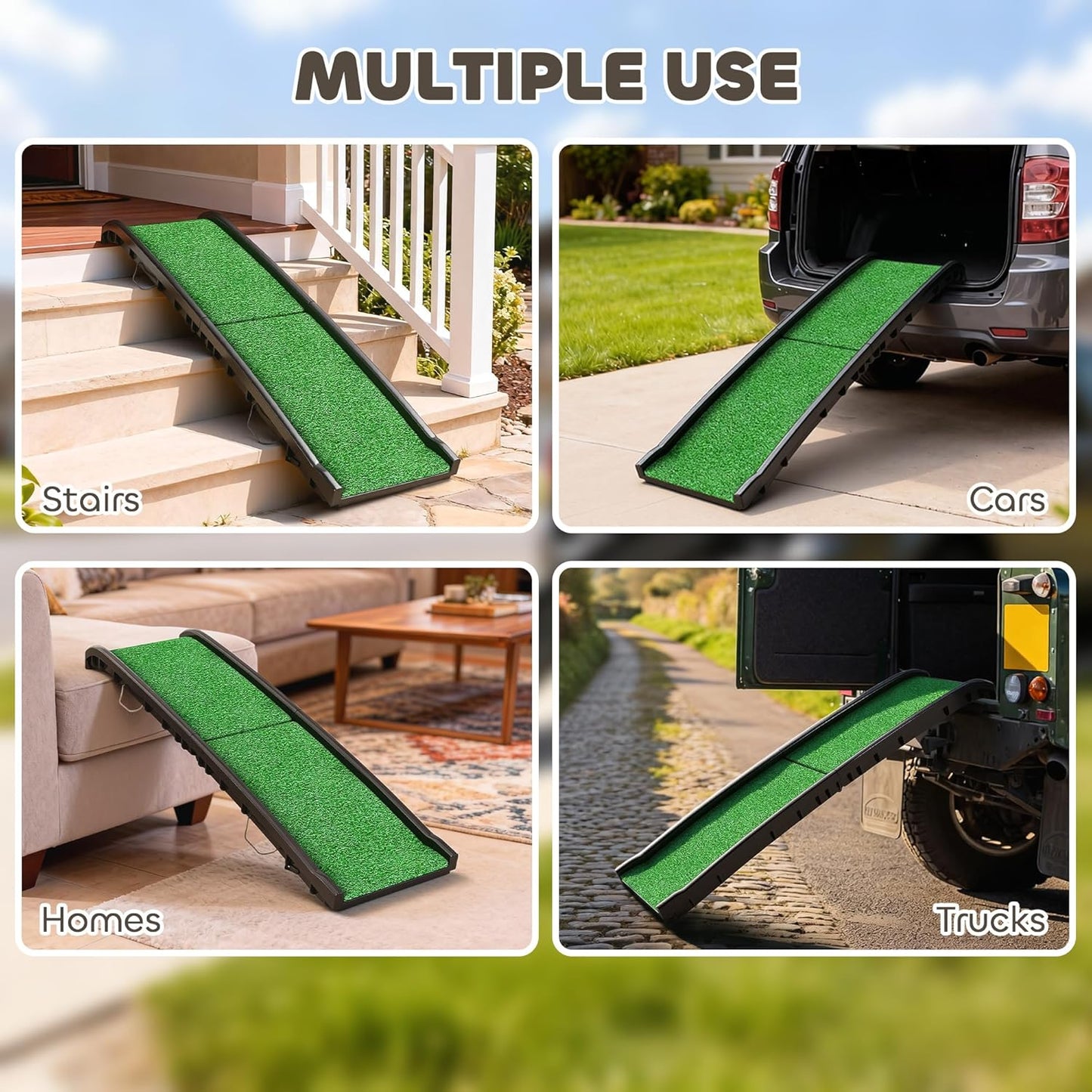 PawHut Folding Dog Ramp for Car, Truck, SUV, 61 Inches Portable Pet Ramp with Grass Surface, Non Slip with Raised Side Rails