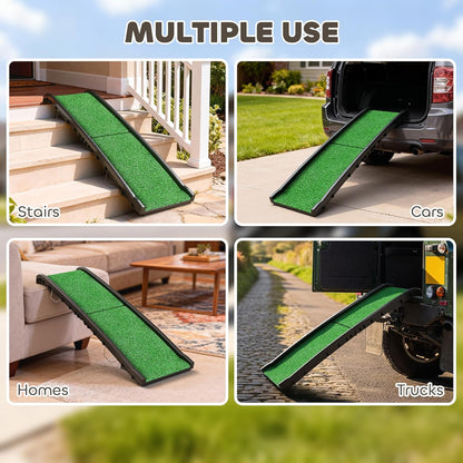 PawHut Folding Dog Ramp for Car, Truck, SUV, 61 Inches Portable Pet Ramp with Grass Surface, Non Slip with Raised Side Rails