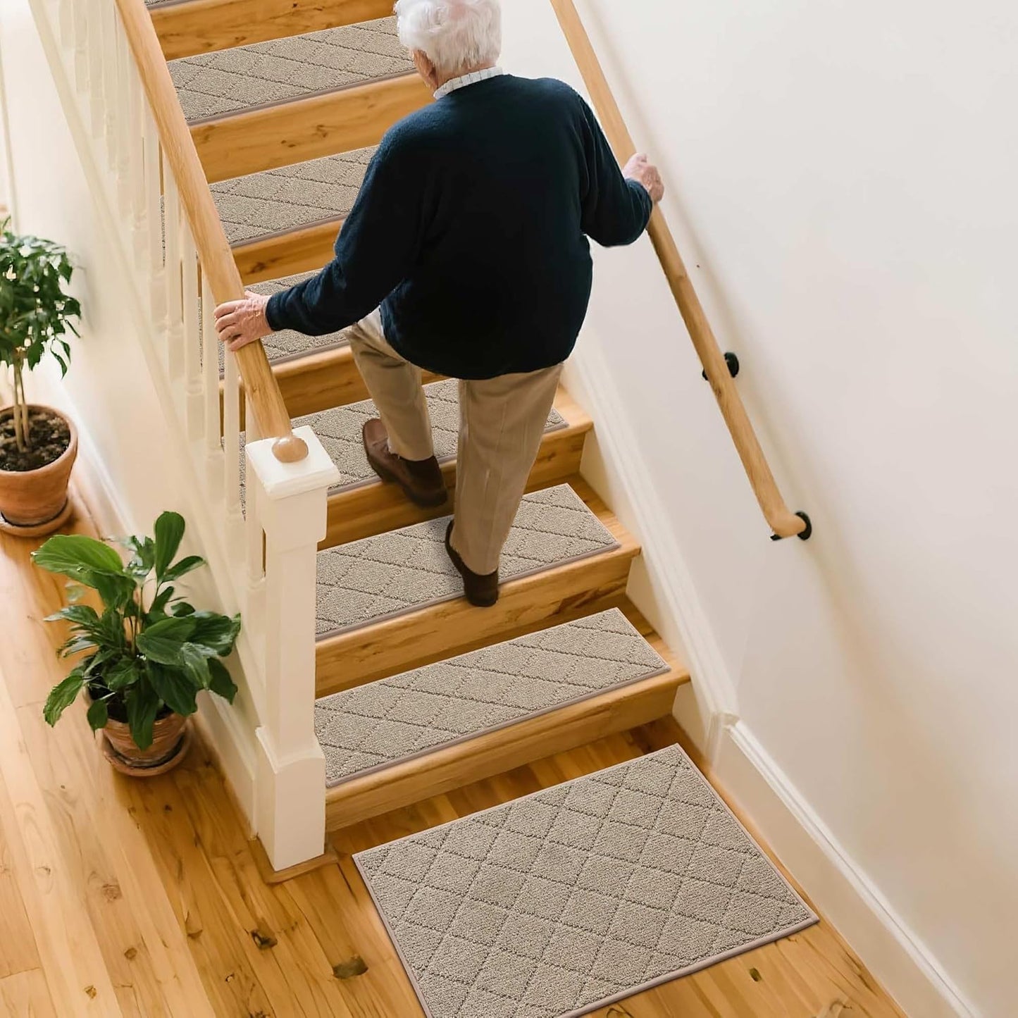 COSY HOMEER Edging Stair Treads Non-Slip Carpet Mat 28inX9in Indoor Stair Runners for Wooden Steps, Edging Stair Rugs for Kids and Dogs, 100% Polyester TPE Backing (7pc, Beige)