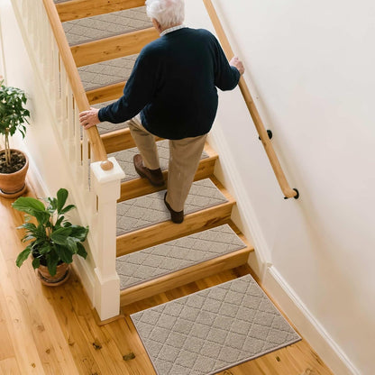 COSY HOMEER Edging Stair Treads Non-Slip Carpet Mat 28inX9in Indoor Stair Runners for Wooden Steps, Edging Stair Rugs for Kids and Dogs, 100% Polyester TPE Backing (7pc, Beige)
