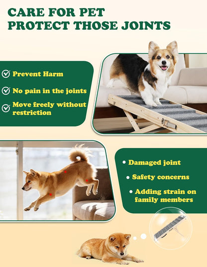 Dog Ramp Dog Stairs for Small Dogs Foldable Dog Ramp with 4 Adjustable Heights from 7.48'' to 15.35" Wood Stairs with Non Slip Carpet Portable Pet Ramp for Couch, Sofa, Low Bed (Natural Wood)