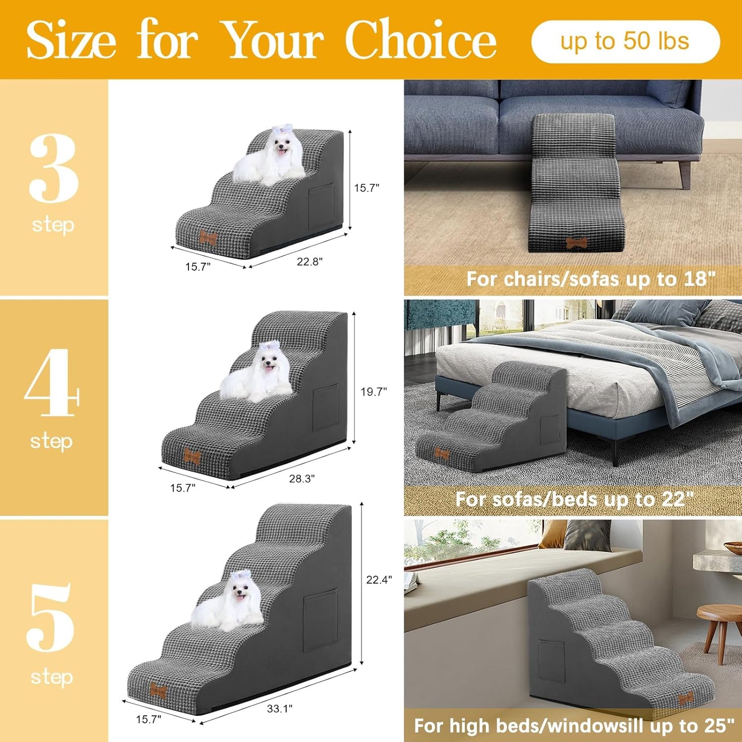 POCBLUE Dog Stairs for Small Dogs 15.7" H, Wide Pet Step for Couch/Sofas/Chairs, Curved Pet Ramps for Small Dogs & Cats with High-Density Foam and Washable Cover, 3-Step, Grey